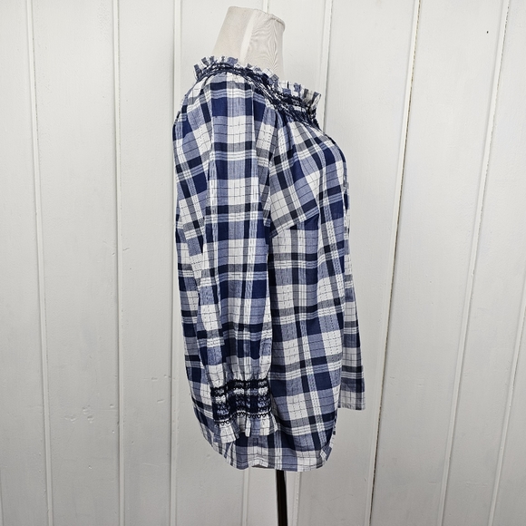 Talbots Boho Blue Blossom Plaid Smocked Blouse Women's Medium - Picture 5 of 7